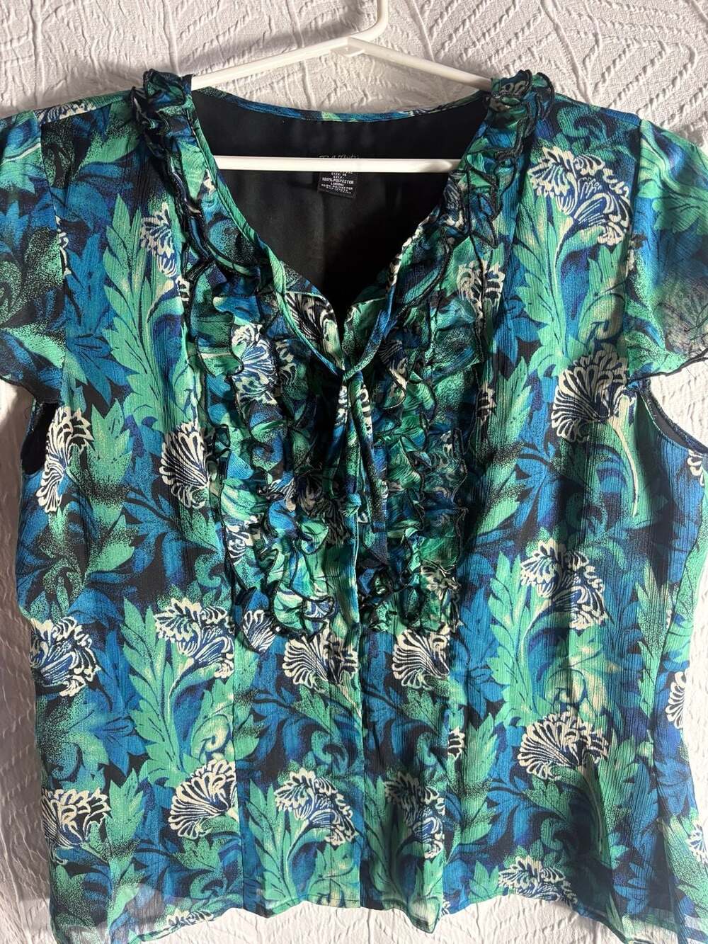 Bob Mackie Studio Floral Leaf Print Ruffle Neck Top Size 14